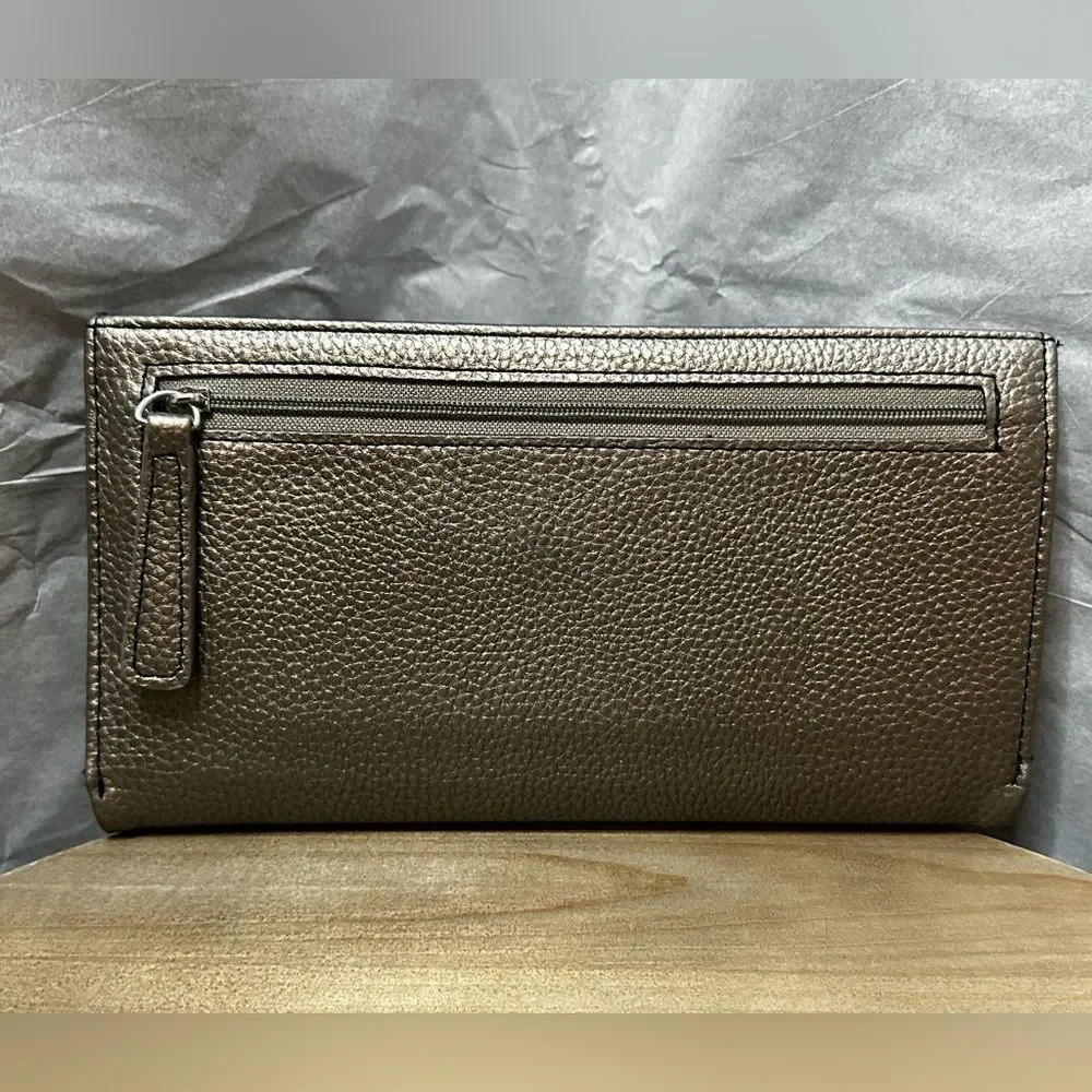 Tahari Metallic Pewter Zip-Around Clutch Wallet – Pebbled Leather